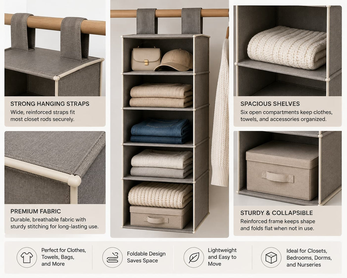 Seshades Hanging Closet Organizer with 6 Shelves
